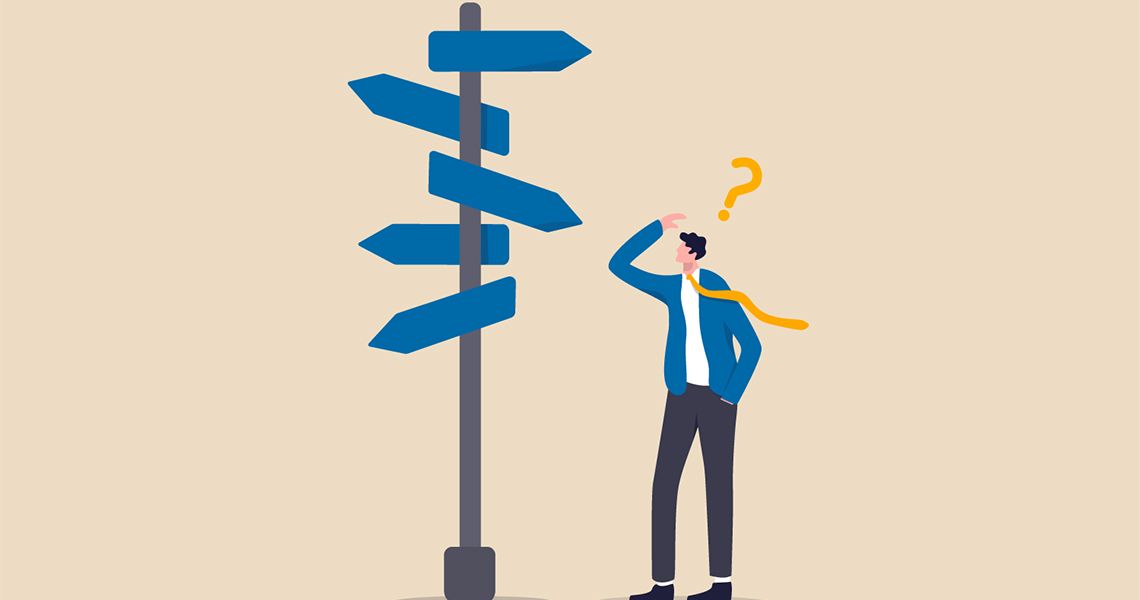illustration of a person looking at street signs that are pointing in multiple different directions with a question mark over their head